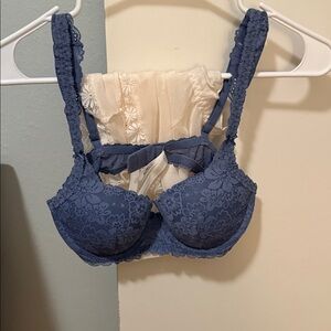 PINK Victoria's Secret Lace Bra in Navy with white lingerie shorts